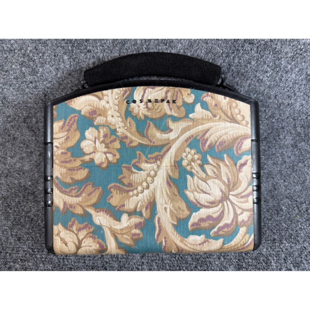 Vintage Cosmepak Makeup Train Case Tapestry Floral Damask Mirror Make-up